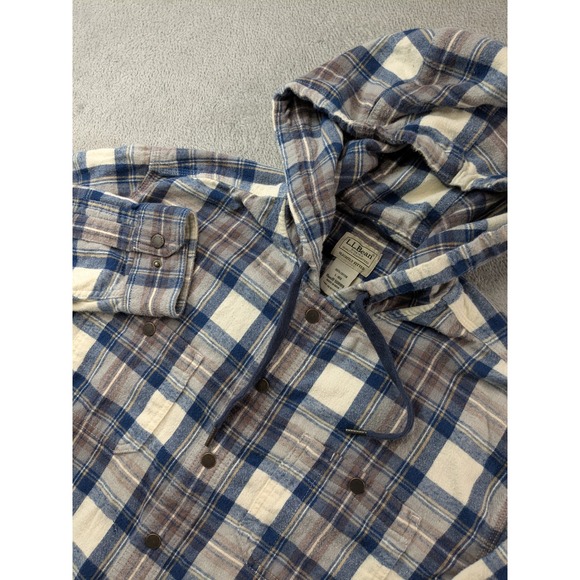 L.L. Bean Tops - LL Bean Hooded Flannel Shirt Womens Large Blue Plaid Cotton Button Up 508169
